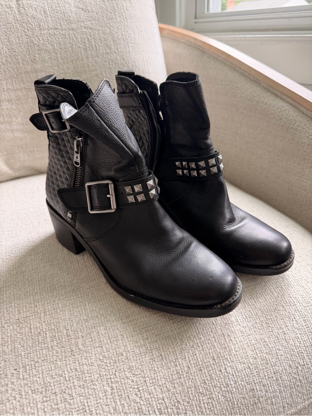 Lucky Brand Black Studded Buckle Leather Ankle Boots